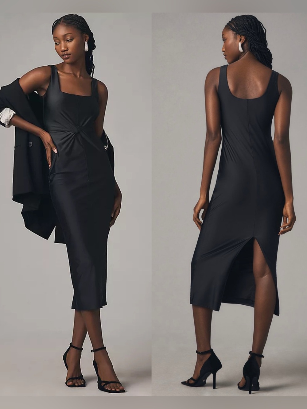Good American‎ Twist Waist Midi Dress Black Sleeveless Bodycon L